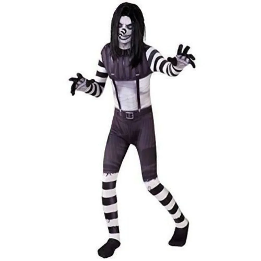 NEW Laughing Jack Morphcostumes Black White Costume Boy Medium 8-10 Bodysuit Wig